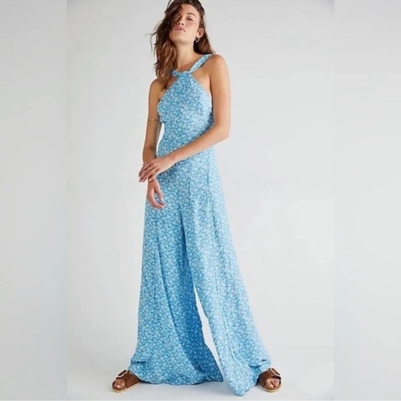 Free People Pants - Free People Arlo Jumpsuit Ice Combo Floral Printed Halter Wide Leg Summer